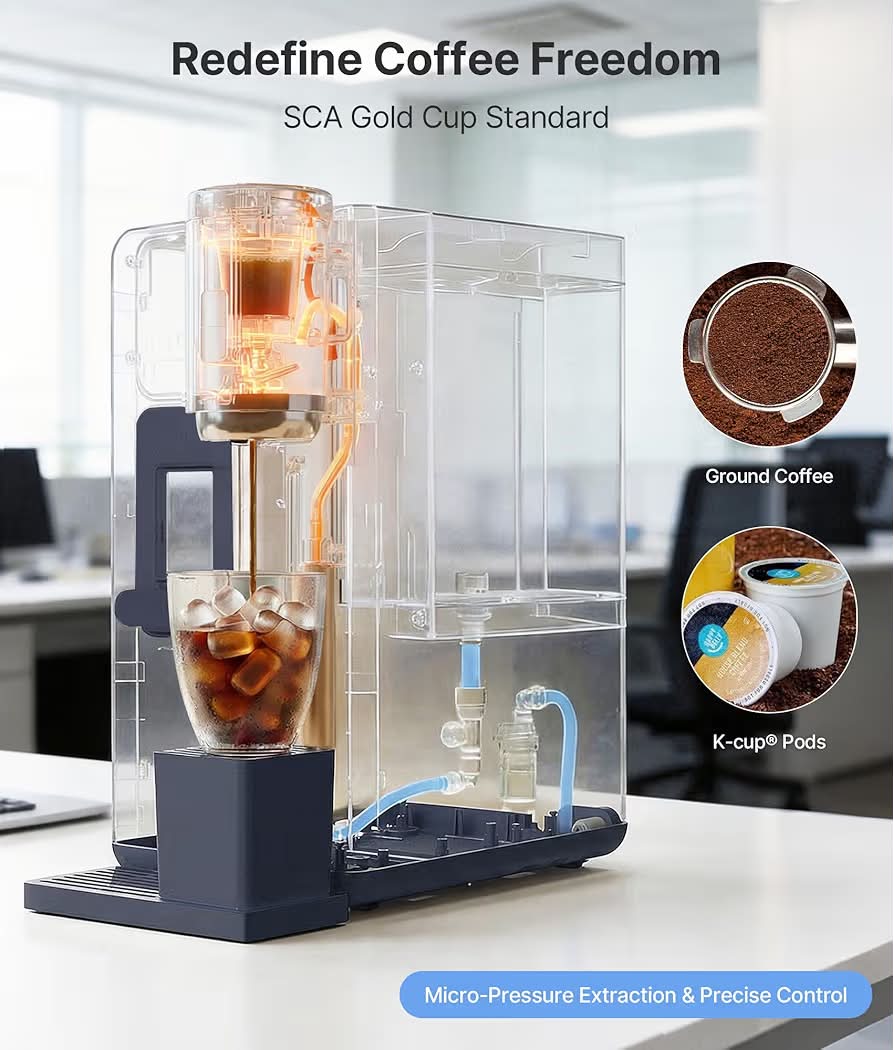 New 3-in-1 Water Dispenser with Ice Maker - Hot/Cold/Warm Water, Adjustable Water Volume, Countertop, Compact Coffee Brewer for Home & Office, Deep Navy