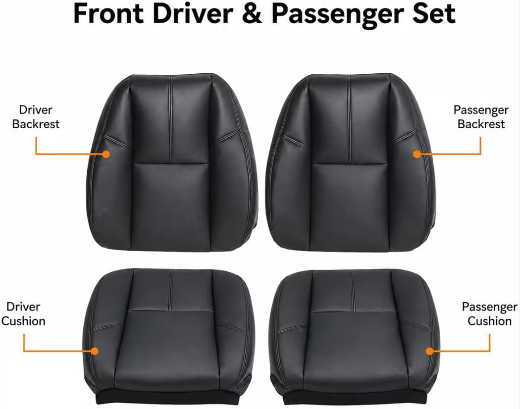 New #193 Color Code Black Driver＆Passenger Side Bottom Seat＆Top Lean Back Leather Covers Compatible with Chevy Silverado Suburban Avalanche/GMC Sierra Tahoe Yukon 2007 2008 2009 2010 2011 2012 2013 2014