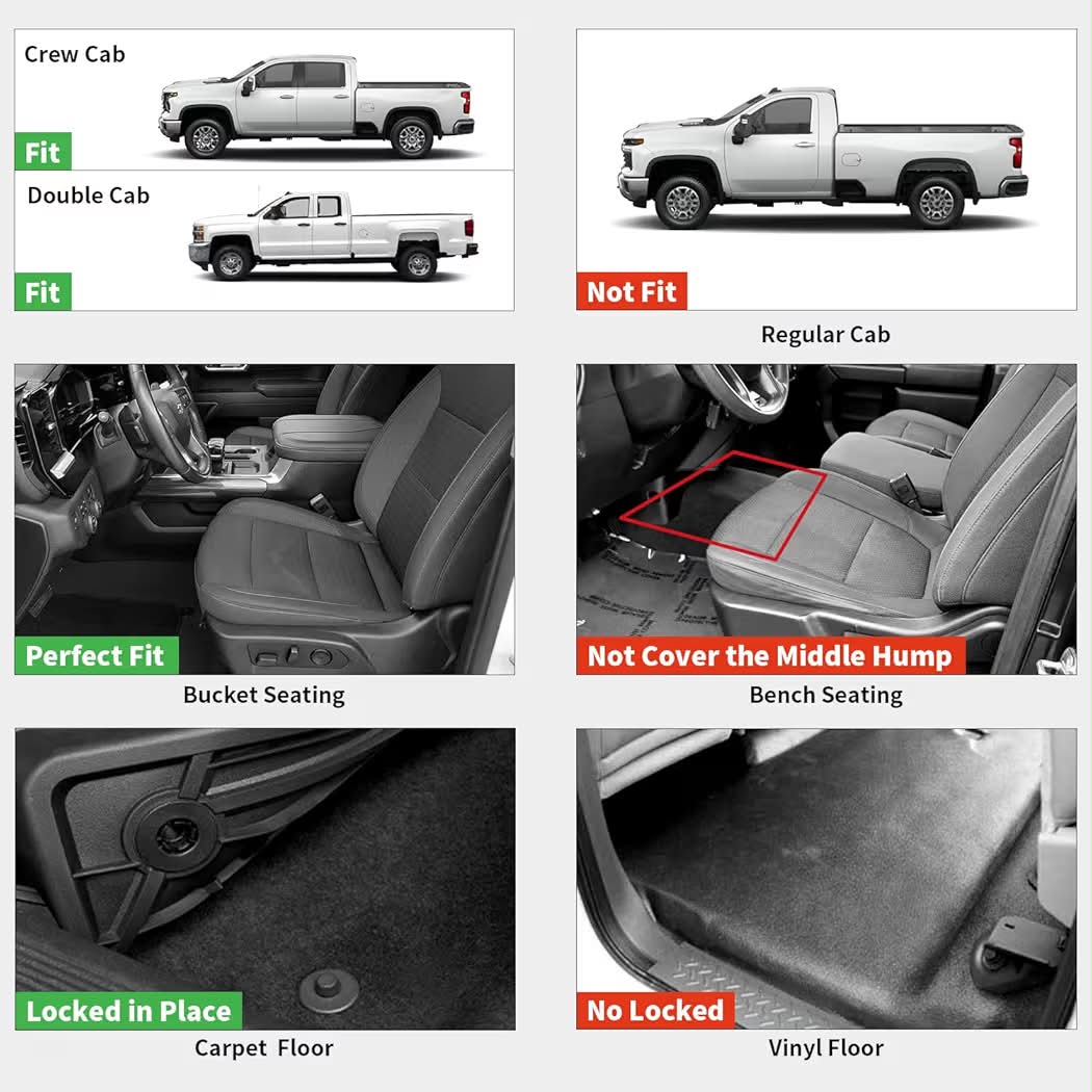 New LASFIT Front Floor Mats 2019-2026 for Chevrolet Silverado/GMC Sierra 1500, Crew Cab/Double Cab, 2020-2026 Chevy Silverado/GMC Sierra 2500HD 3500HD, All Weather TPE Floor Liners, 1st Row Only