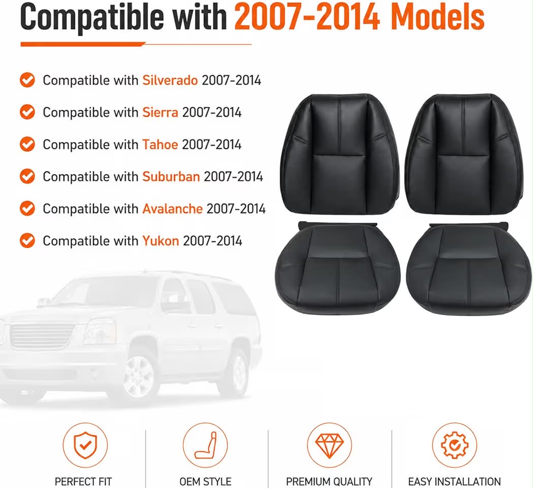 New #193 Color Code Black Driver＆Passenger Side Bottom Seat＆Top Lean Back Leather Covers Compatible with Chevy Silverado Suburban Avalanche/GMC Sierra Tahoe Yukon 2007 2008 2009 2010 2011 2012 2013 2014