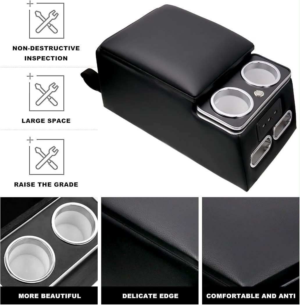 New Center Console Armrest Organizer with LED Light, USB Port, Cup Holders, Armrest, Padded Top Lid - Ideal for Business Upgrade Center Console Organizerand