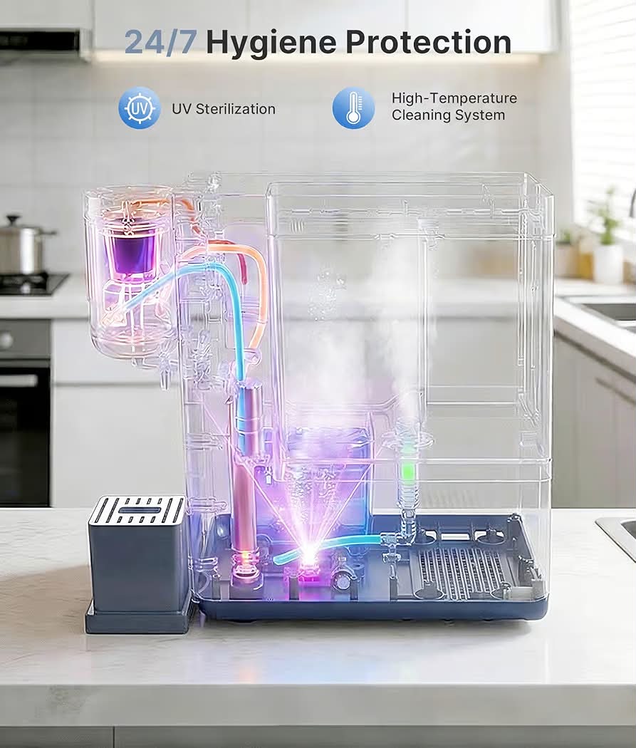 New 3-in-1 Water Dispenser with Ice Maker - Hot/Cold/Warm Water, Adjustable Water Volume, Countertop, Compact Coffee Brewer for Home & Office, Deep Navy