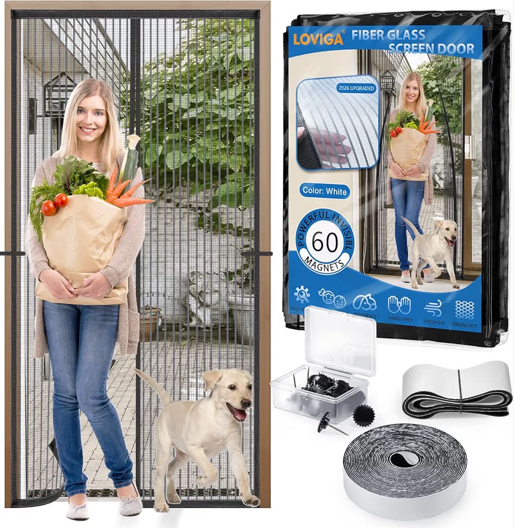 New Heavy Duty Door Screen Magnetic Closure, LOVIGA Thickened Fiberglass Screen Door Mesh, Self Sealing, Tear Resistant, Easy Assemble, Fine Mesh Keep Bugs Out Fit Door Size 46 Inch X 79 Inch White