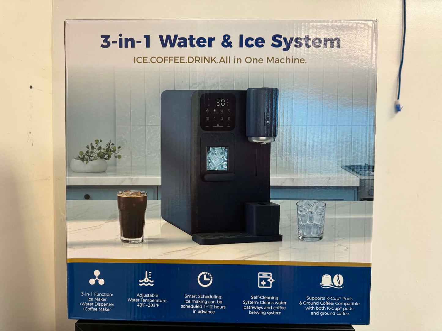 New 3-in-1 Water Dispenser with Ice Maker - Hot/Cold/Warm Water, Adjustable Water Volume, Countertop, Compact Coffee Brewer for Home & Office, Deep Navy