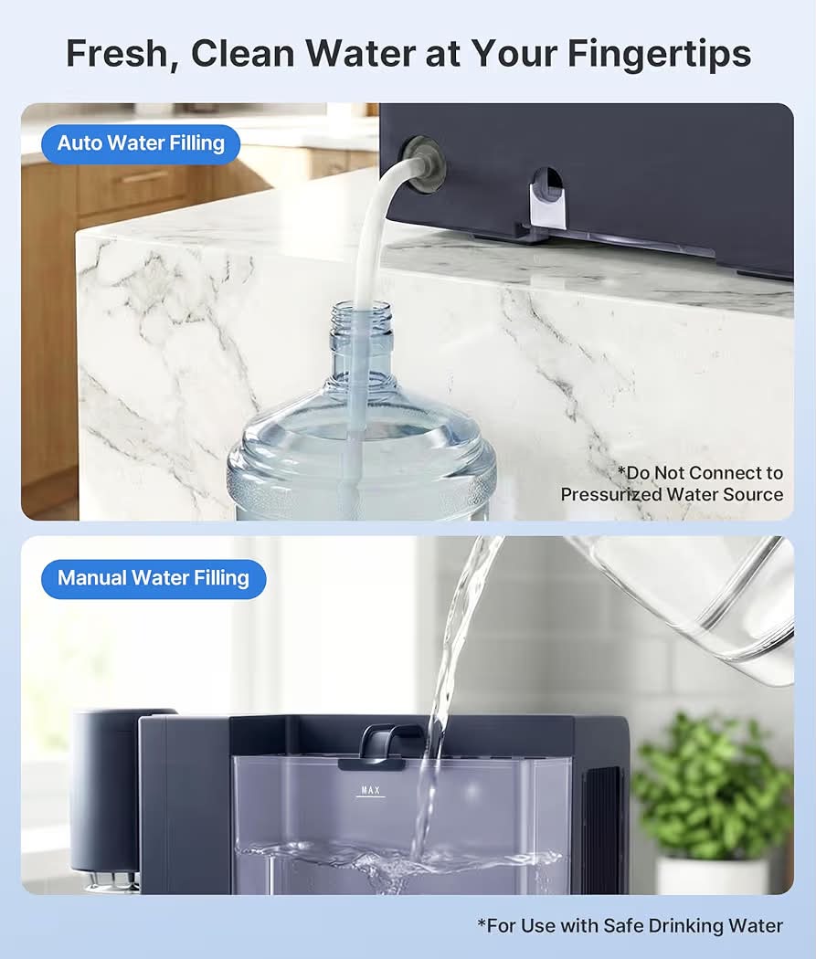 New 3-in-1 Water Dispenser with Ice Maker - Hot/Cold/Warm Water, Adjustable Water Volume, Countertop, Compact Coffee Brewer for Home & Office, Deep Navy