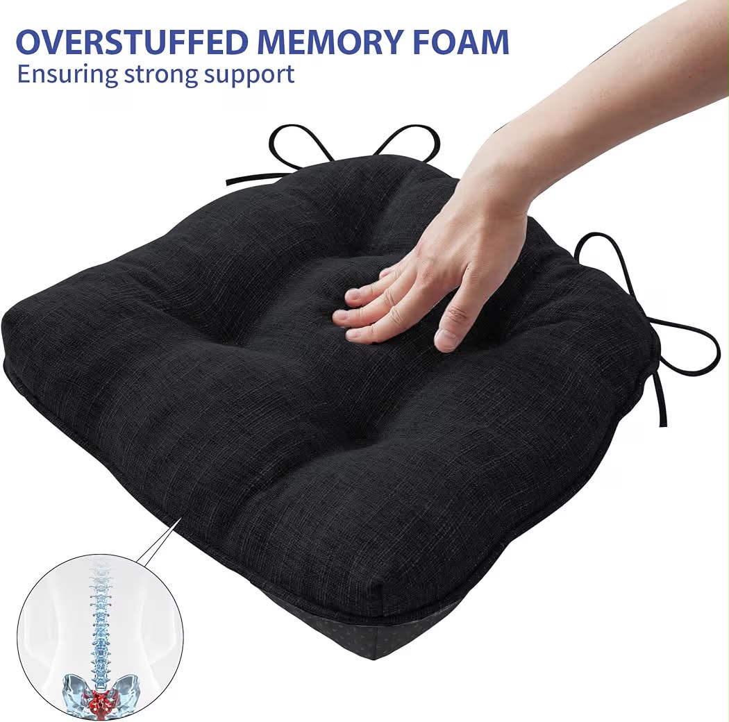 New IPYNBAP Chair Cushions for Dining Chairs Set of 4, Kitchen Chair Cushions, Chair Pads with Ties and Non Slip Backing, Tufted Memory Foam Seat Cushion 4 Pack, 15.5" x 15.5" x 4", Black