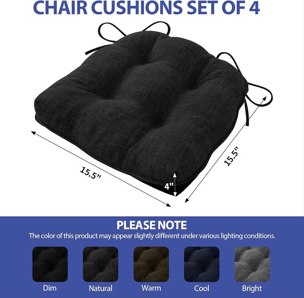 New IPYNBAP Chair Cushions for Dining Chairs Set of 4, Kitchen Chair Cushions, Chair Pads with Ties and Non Slip Backing, Tufted Memory Foam Seat Cushion 4 Pack, 15.5" x 15.5" x 4", Black