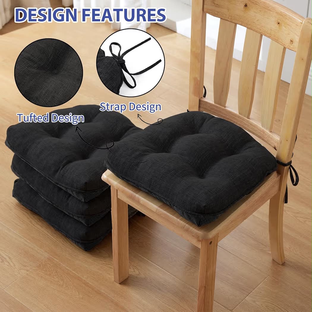 New IPYNBAP Chair Cushions for Dining Chairs Set of 4, Kitchen Chair Cushions, Chair Pads with Ties and Non Slip Backing, Tufted Memory Foam Seat Cushion 4 Pack, 15.5" x 15.5" x 4", Black