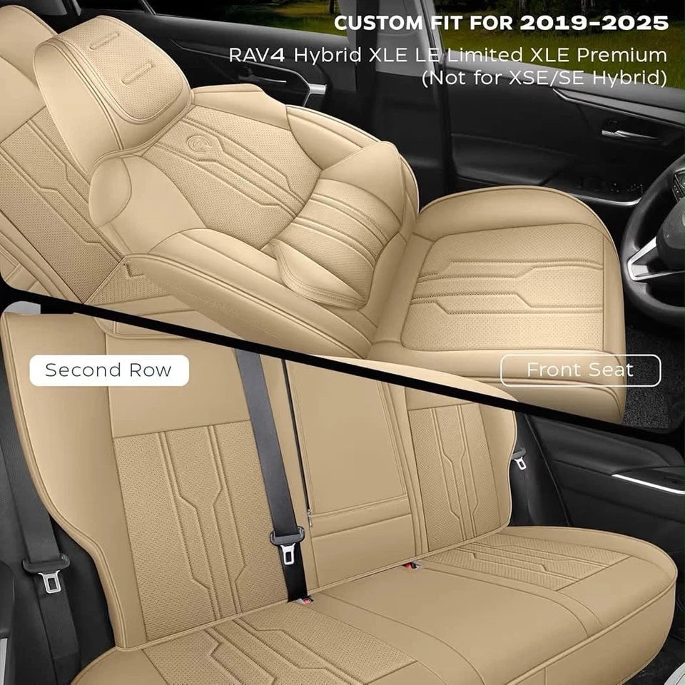 RAV4 Seat Covers Custom Fit for Toyota RAV4 (for Hybrid) 2019-2025 LE/XLE/XLE Premium/Limited,Luxury Faux-Leather SUV Seat Cover with Center Console (Hybrid,Full Set,Beige)