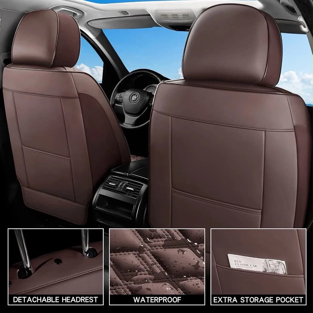 Brown Faux Leather Car Seat Covers Full Set – Waterproof, Non-Slip, 5-Seater