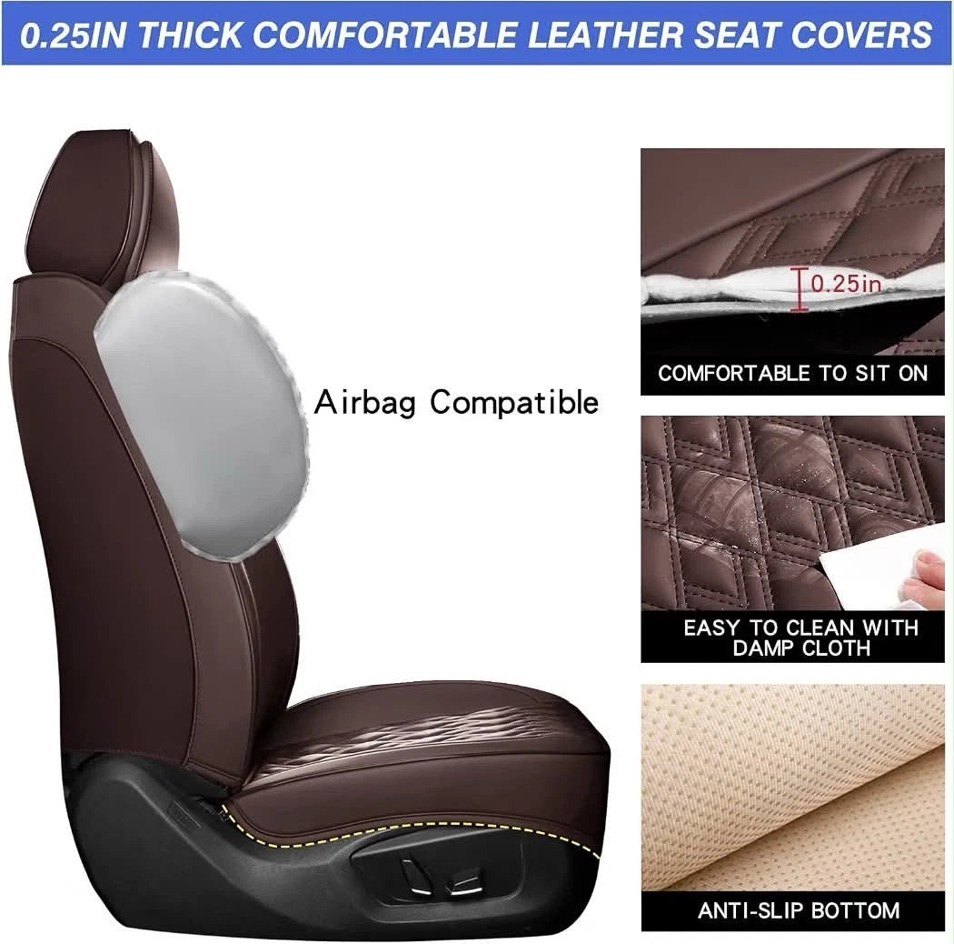 Brown Faux Leather Car Seat Covers Full Set – Waterproof, Non-Slip, 5-Seater