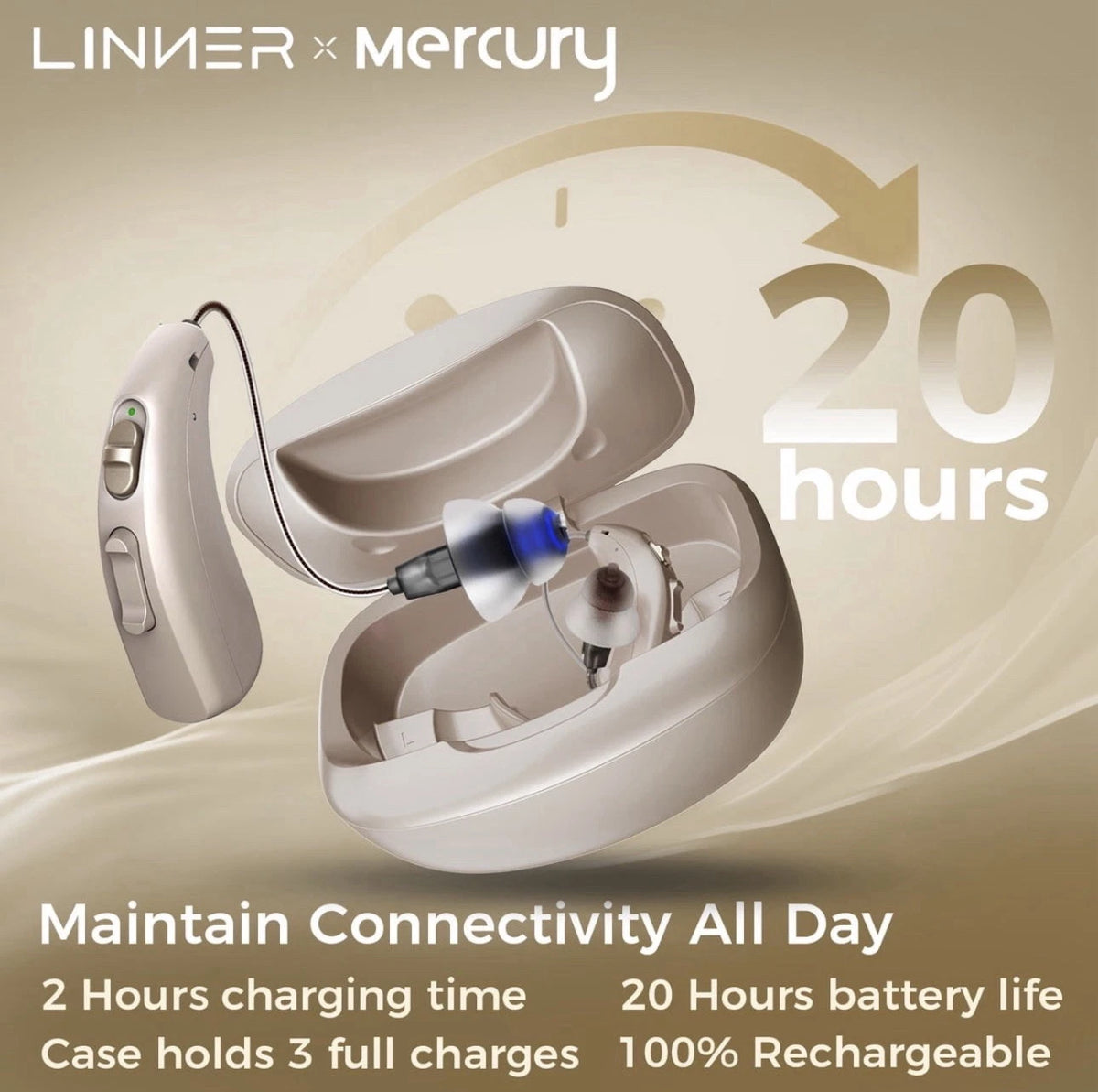 LINNER Mercury Rechargeable Digital Hearing Aids – Beige Gold, 1 Pair