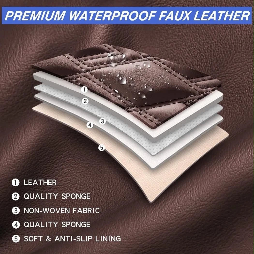 Brown Faux Leather Car Seat Covers Full Set – Waterproof, Non-Slip, 5-Seater
