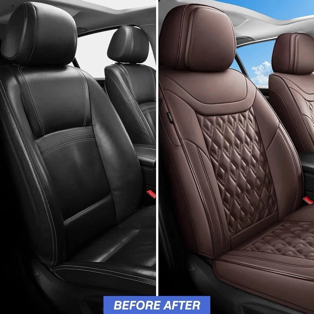 Brown Faux Leather Car Seat Covers Full Set – Waterproof, Non-Slip, 5-Seater