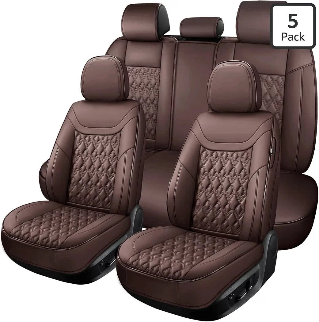 Brown Faux Leather Car Seat Covers Full Set – Waterproof, Non-Slip, 5-Seater