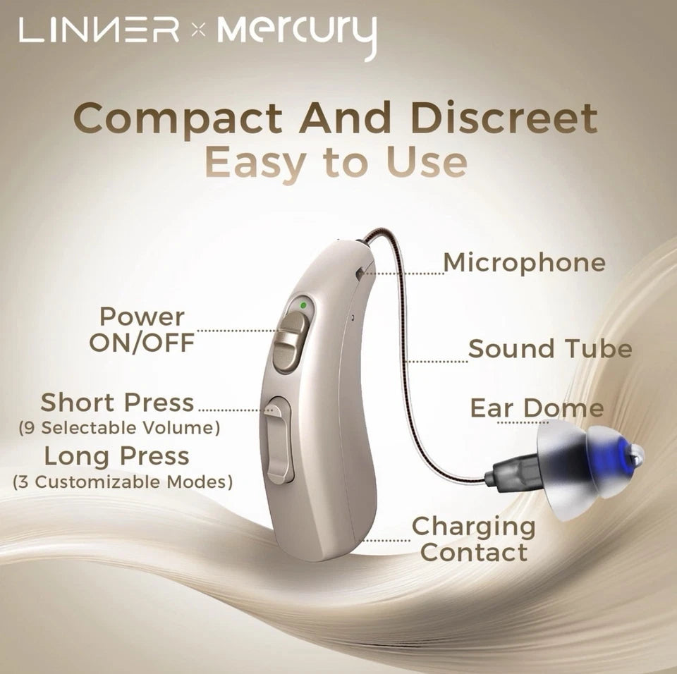 LINNER Mercury Rechargeable Digital Hearing Aids – Beige Gold, 1 Pair