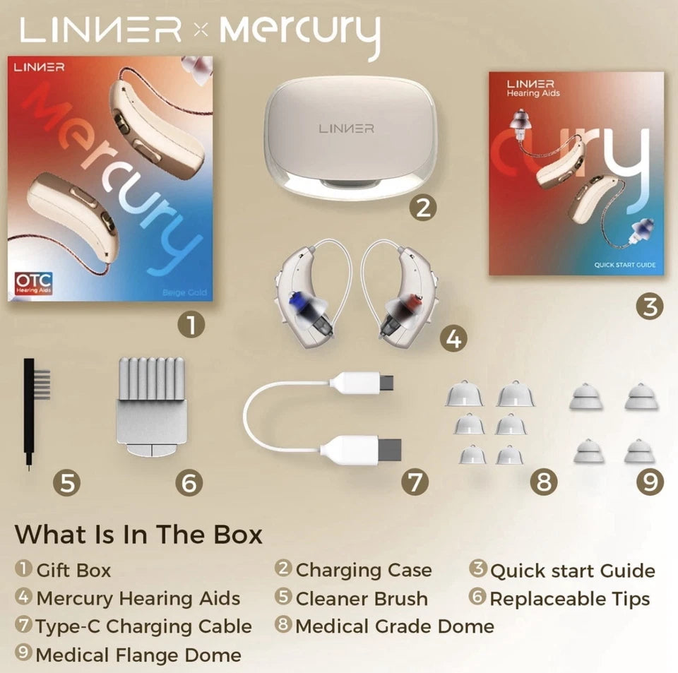LINNER Mercury Rechargeable Digital Hearing Aids – Beige Gold, 1 Pair
